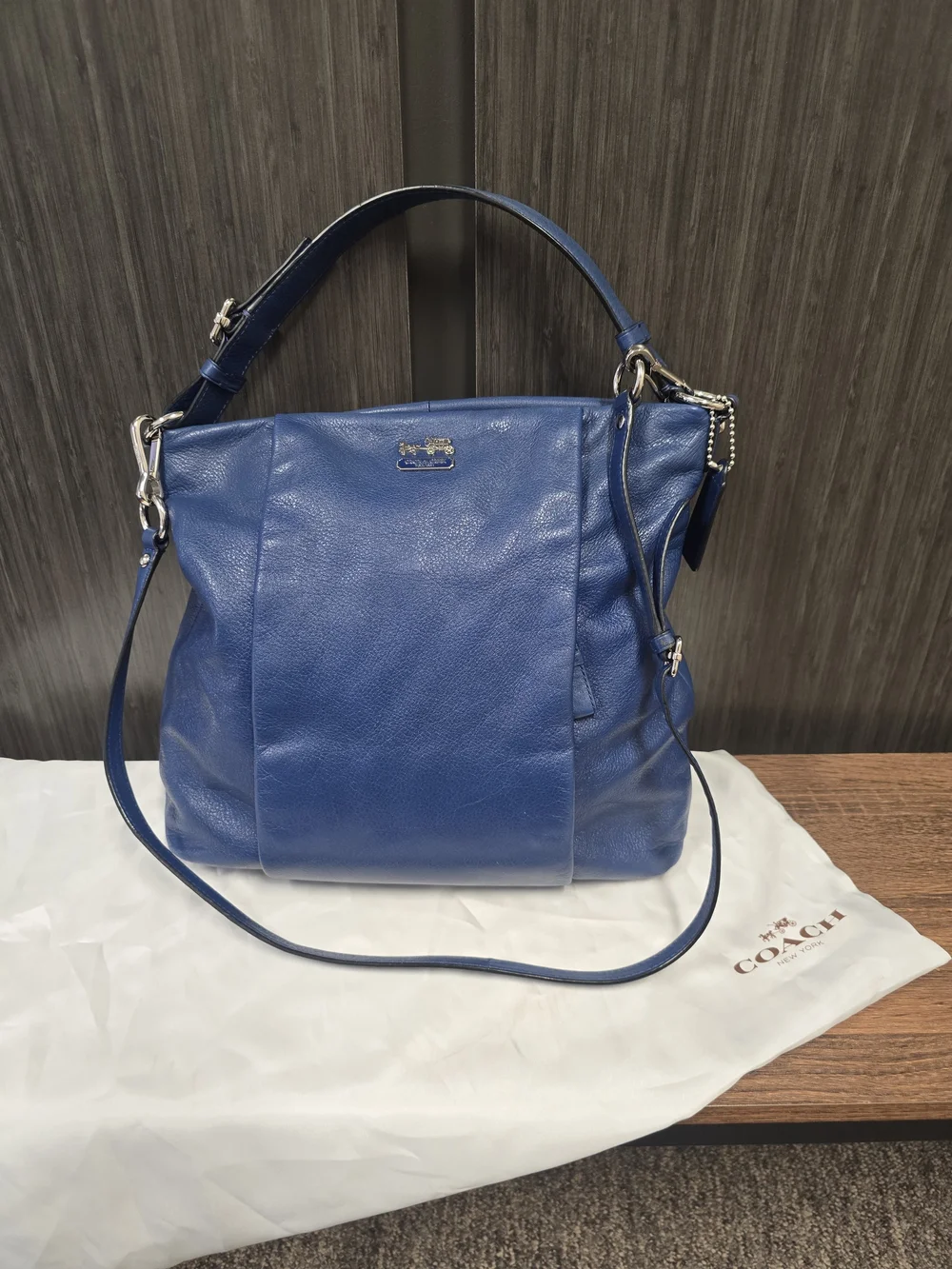 Coach F23224 Blue Pebbled Leather Convertible Shoulder Crossbody Hobo Bag